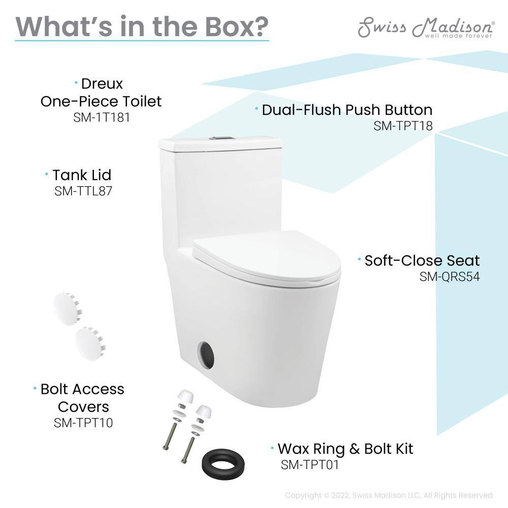 Swiss Madison Dreux 1-piece 0.951.26 GPF Dual Flush Elongated Toilet in Glossy White Seat Included SM-1T181