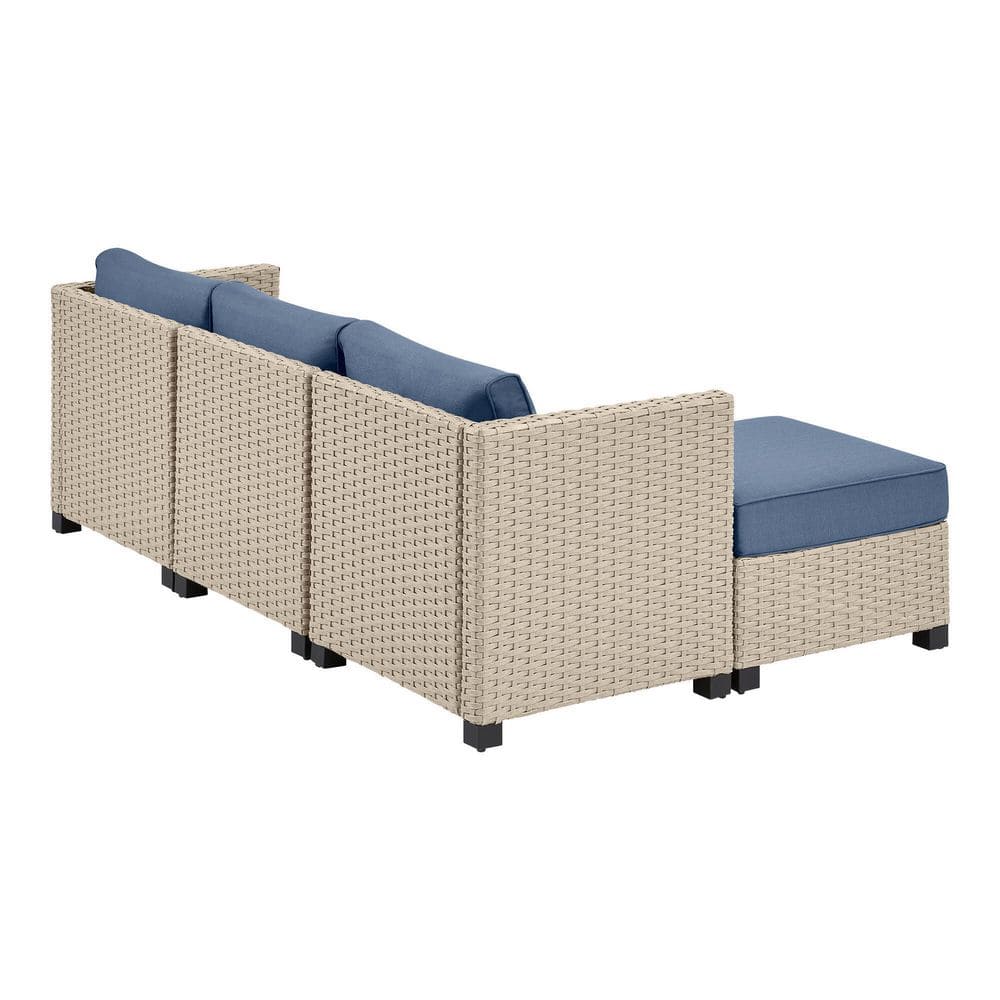 StyleWell Sandpiper Beige Stationary 4-Piece Wicker Patio Sectional Seating Set with Lake Blue Cushions DE22869707172