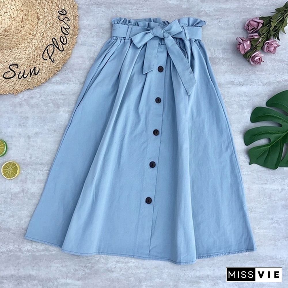 Women Skirts Fashion High Waist Skirt Women Spring Summer Midi Skirts Womens Elastic Waist Ladies Skirts With Belt