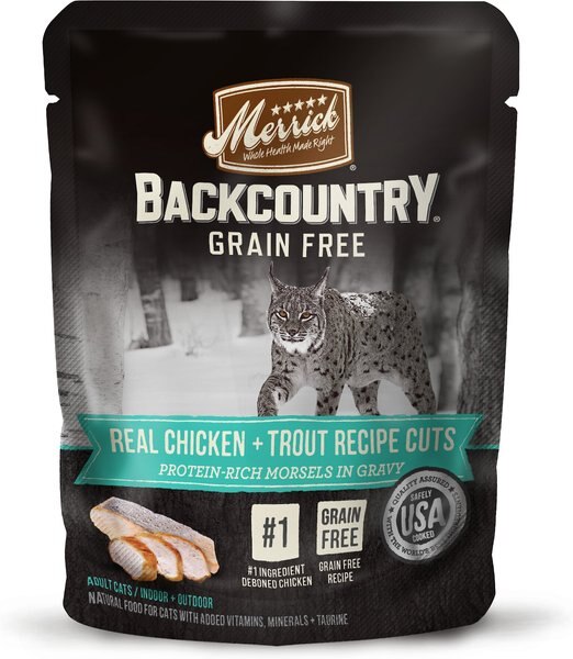 Merrick Backcountry Grain-Free Real Chicken and Trout Recipe Cuts Morsels in Gravy Cat Food Pouches