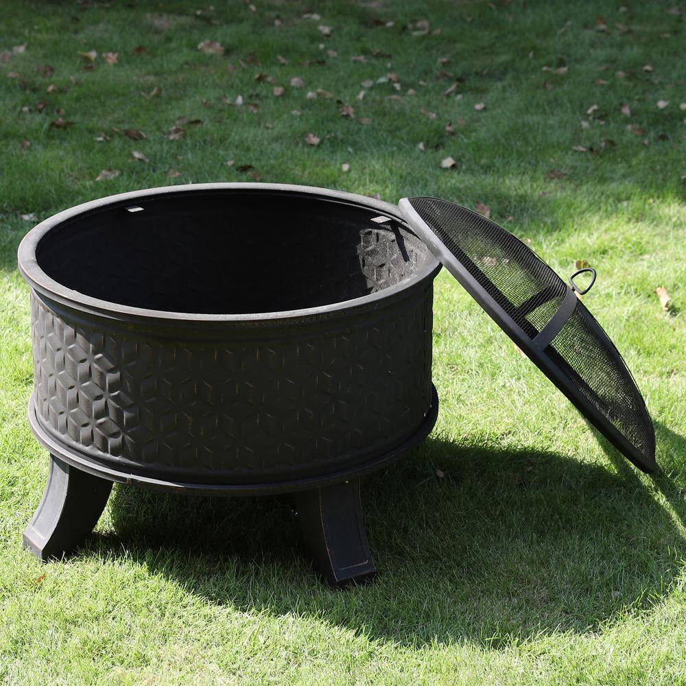 PHI VILLA 26.4 in. Antiqued Pattern Round Metal Fire Pit THD-E02GS005