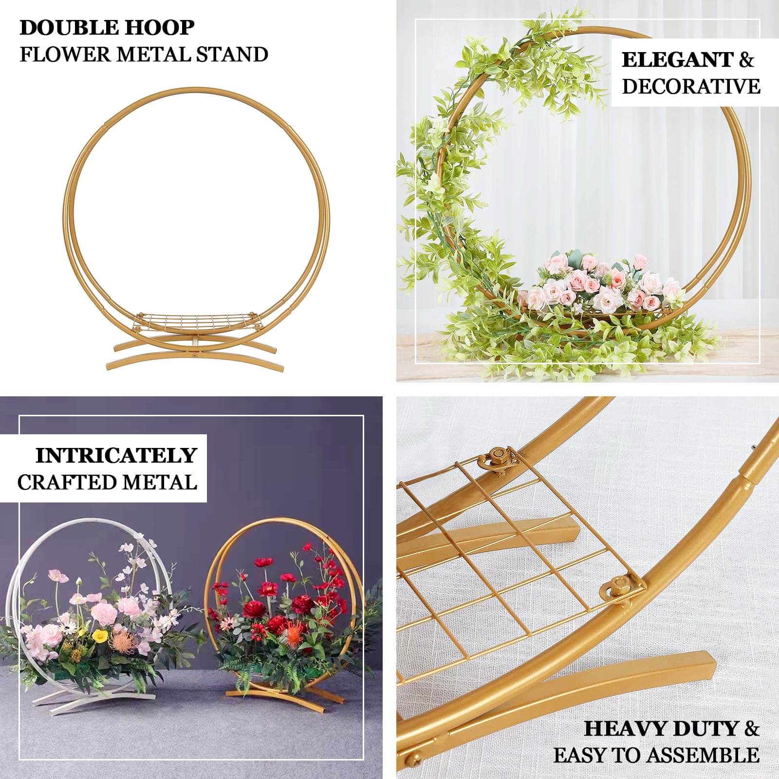 Gold Metal Double Frame Hoop Flower Table Centerpiece, Wedding Cake Display Stand 24