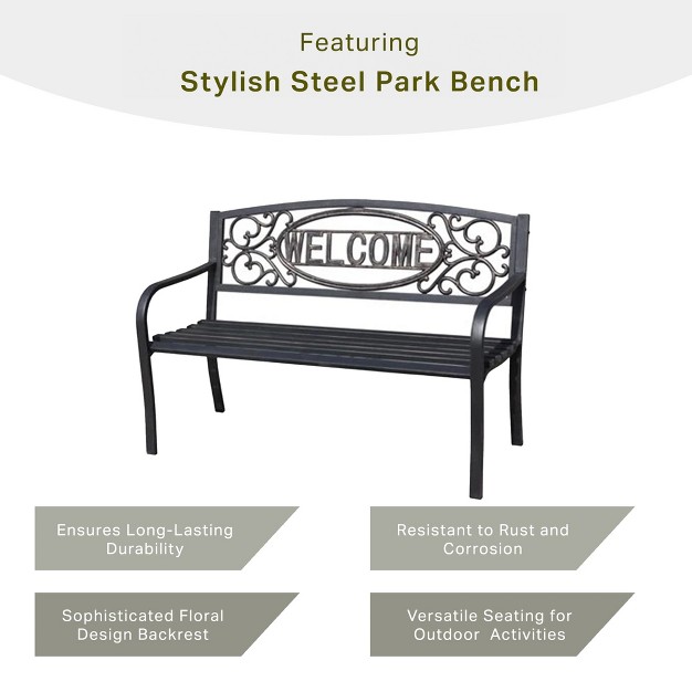 Four Seasons Courtyard Welcome Outdoor Patio Park Bench Durable Powder Coated Steel Framed Garden Or Walking Path Seat With 500 Pound Capacity Black