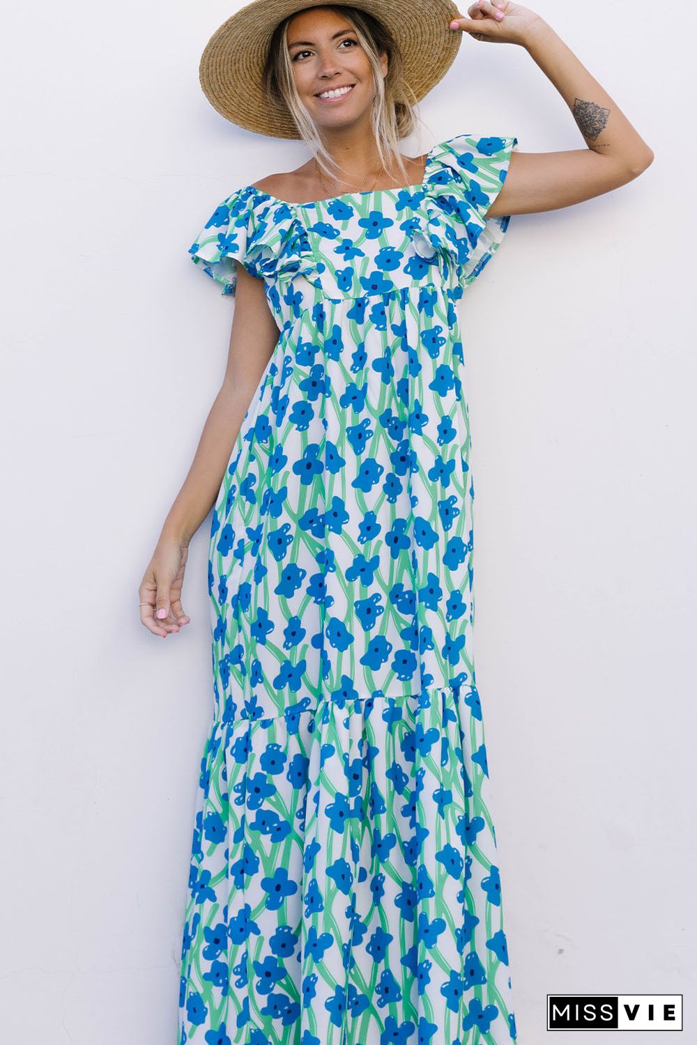 Sky Blue Boho Floral Print Maxi Dress