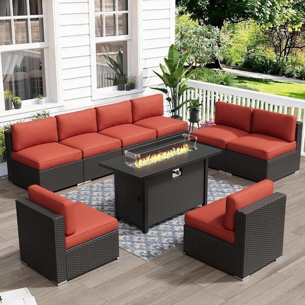 9Piece Outdoor Patio Furniture Sectional Sofa Set with Fire Pit Table