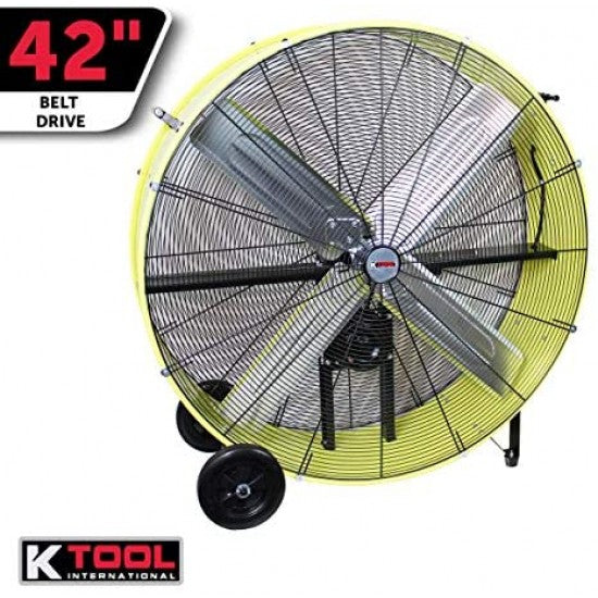 K Tool International 42′′ Belt Drive Drum Fan; Industrial, Garage, Shop, High Speed 2-Speed, Durable, Cut-Off Protection, Easy Mobility Rubber Wheels; SAFETY YELLOW KTI77743