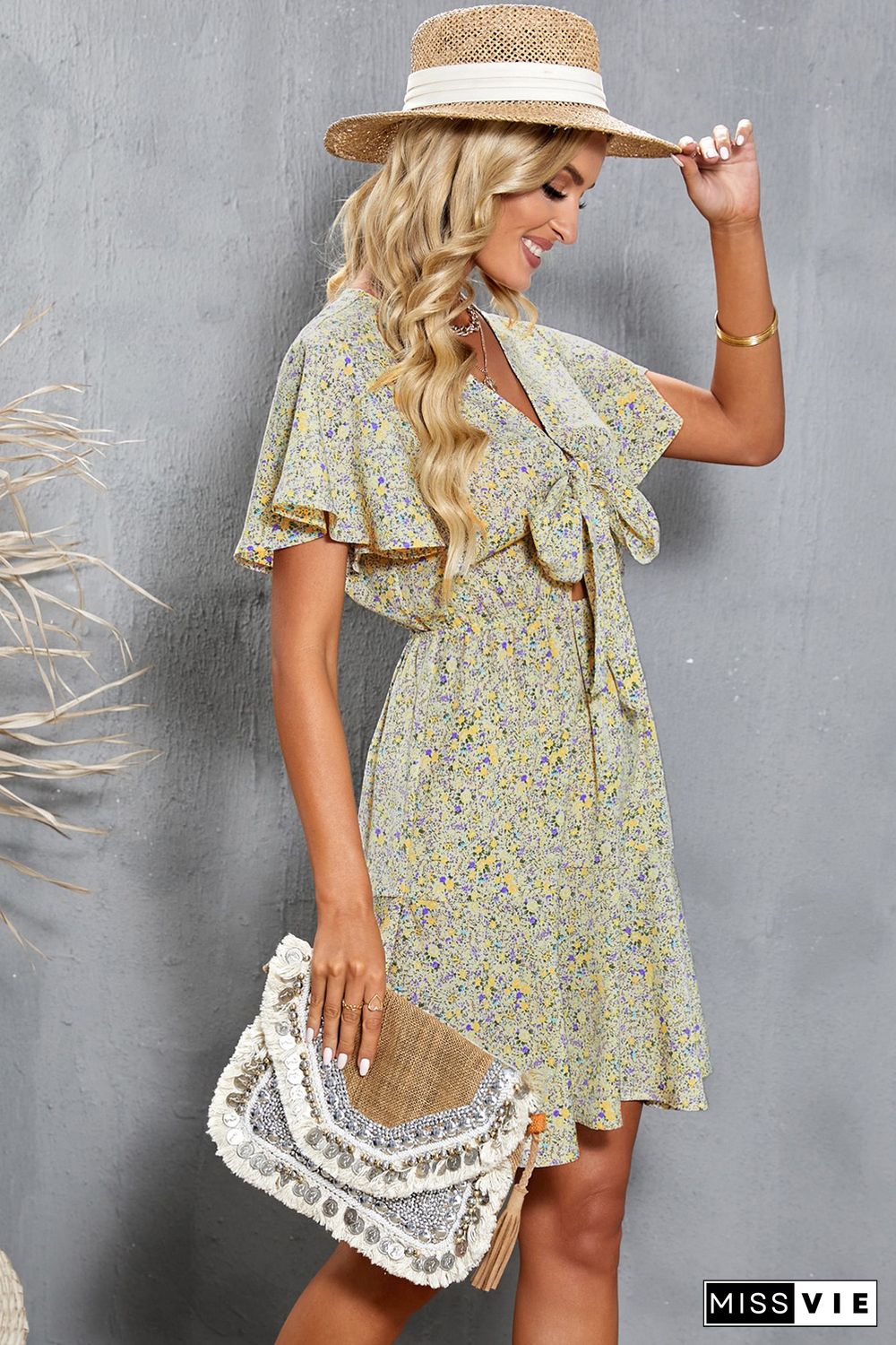 Floral Print Tie Knot Ruffled Short Sleeve Mini Dress