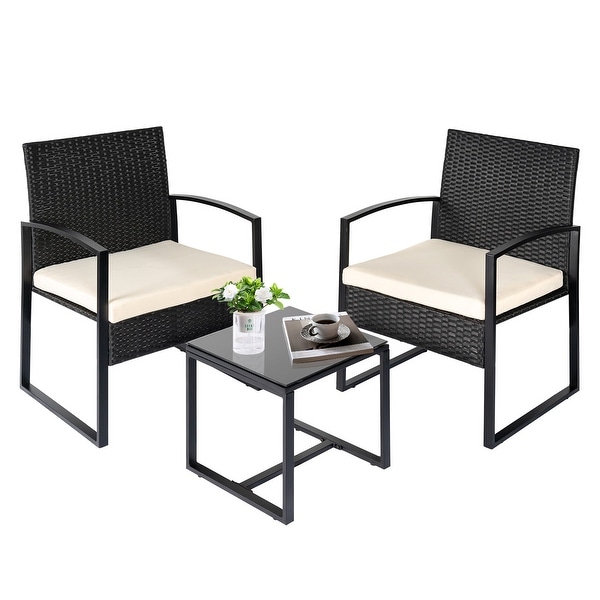 3 Piece Patio Bistro Set Outdoor Furniture Set with Glass Table，Rattan Conversation Sets for Porch Garden Balcony