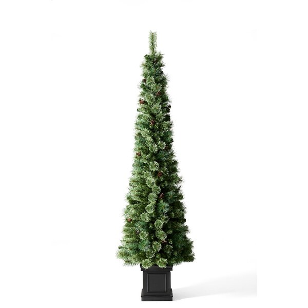 Glitzhome 7ft PreLit Slim Pine Christmas Potted Porch Trees With 200 LED Lights