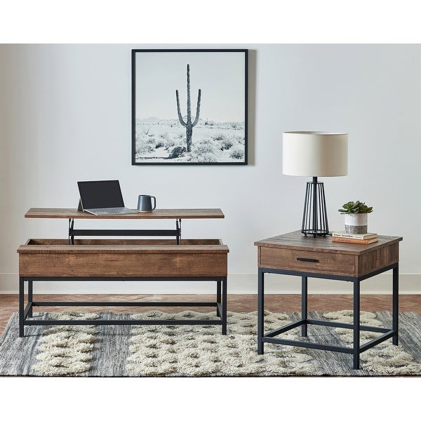 Lift Top Coffee Table with Hidden Storage in Brown Oak and Sandy Black