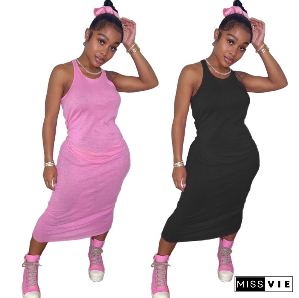 New Solid Color Cotton Sleeveless O Neck High Waist Streetwear Women Elegant Bodycon Maxi Long Dress