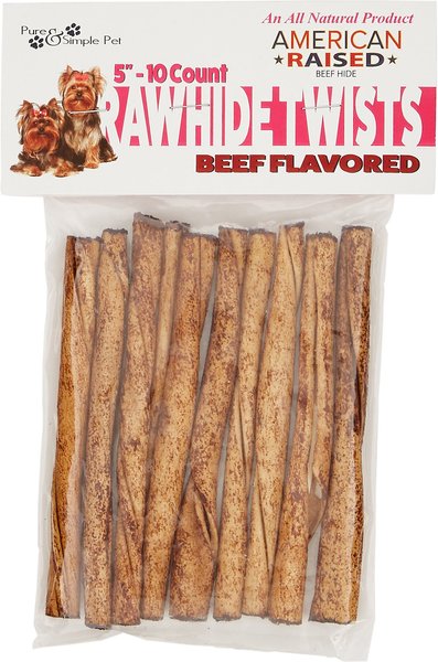 Pure and Simple Pet Beef Flavored Rawhide Twist Dog Treat， 5-in