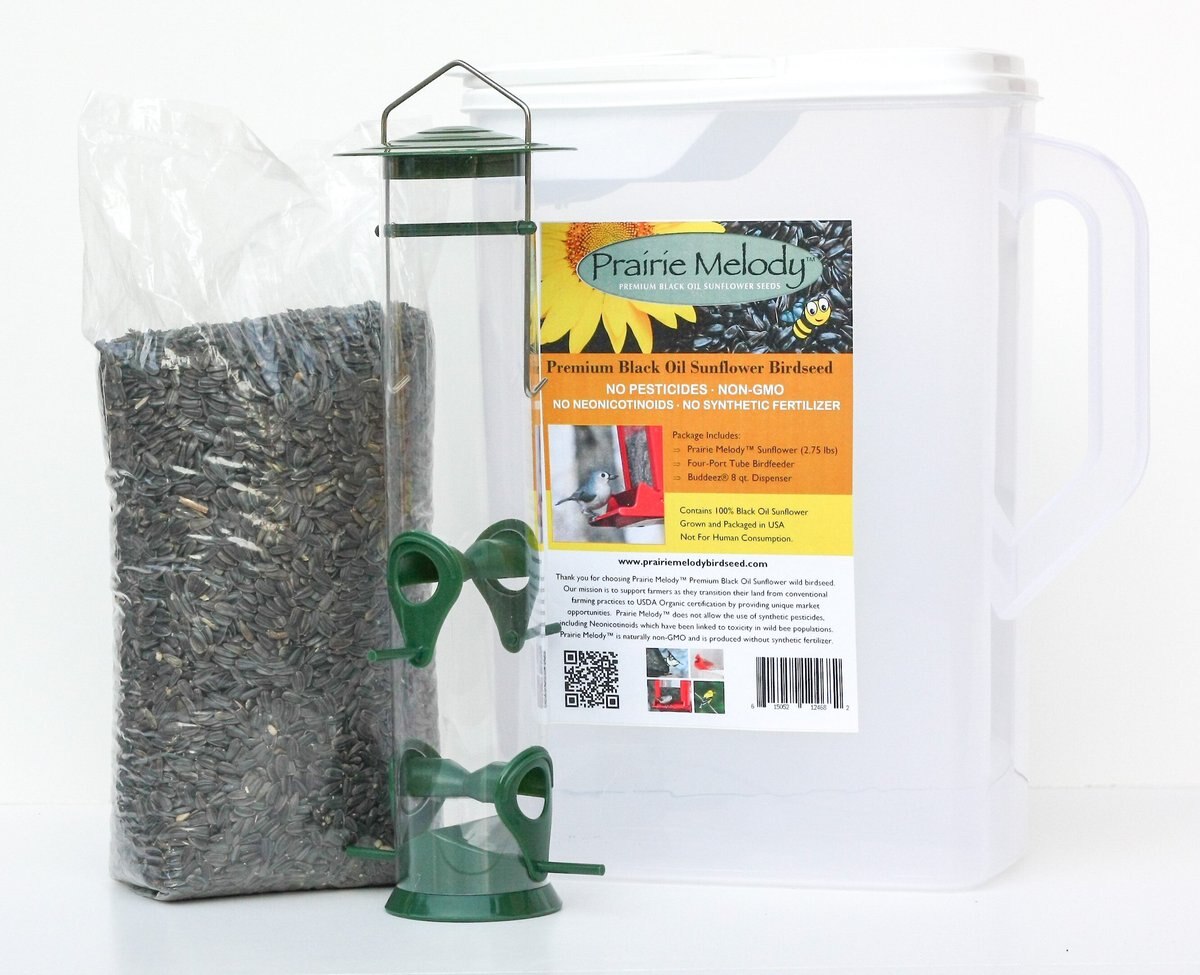 Prairie Melody Birdseed Classic Tube Feeder， Pour Spout Container and Premium Pesticide Free Black Oil Sunflower Bird Food