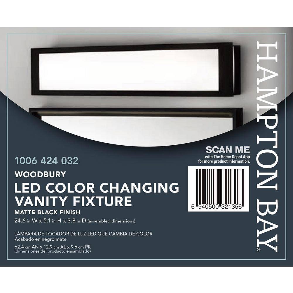 Hampton Bay Woodbury 24.6 in. 1-Light Matte Black Integrated LED Bathroom Vanity Light Bar with Frosted Acrylic Shade IQP1301LX-07BK