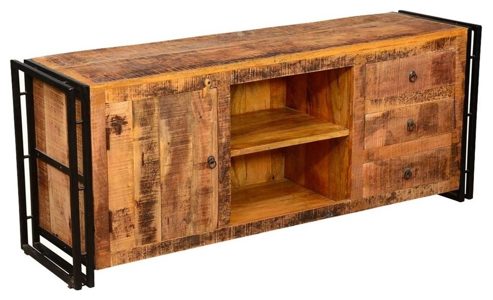 Farmingdale Pioneer Rustic Mango Wood TV Stand Media Console Cabinet   Industrial   Entertainment Centers And Tv Stands   by Sierra Living Concepts Inc  Houzz