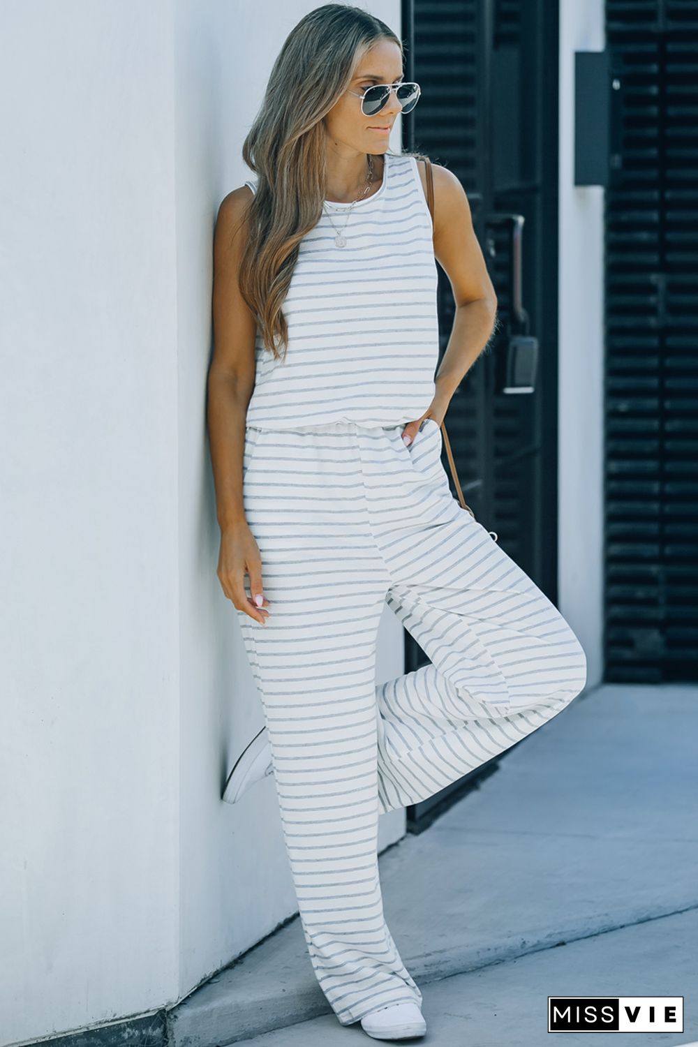 White Striped Print Pocketed Sleeveless Jumpsuit