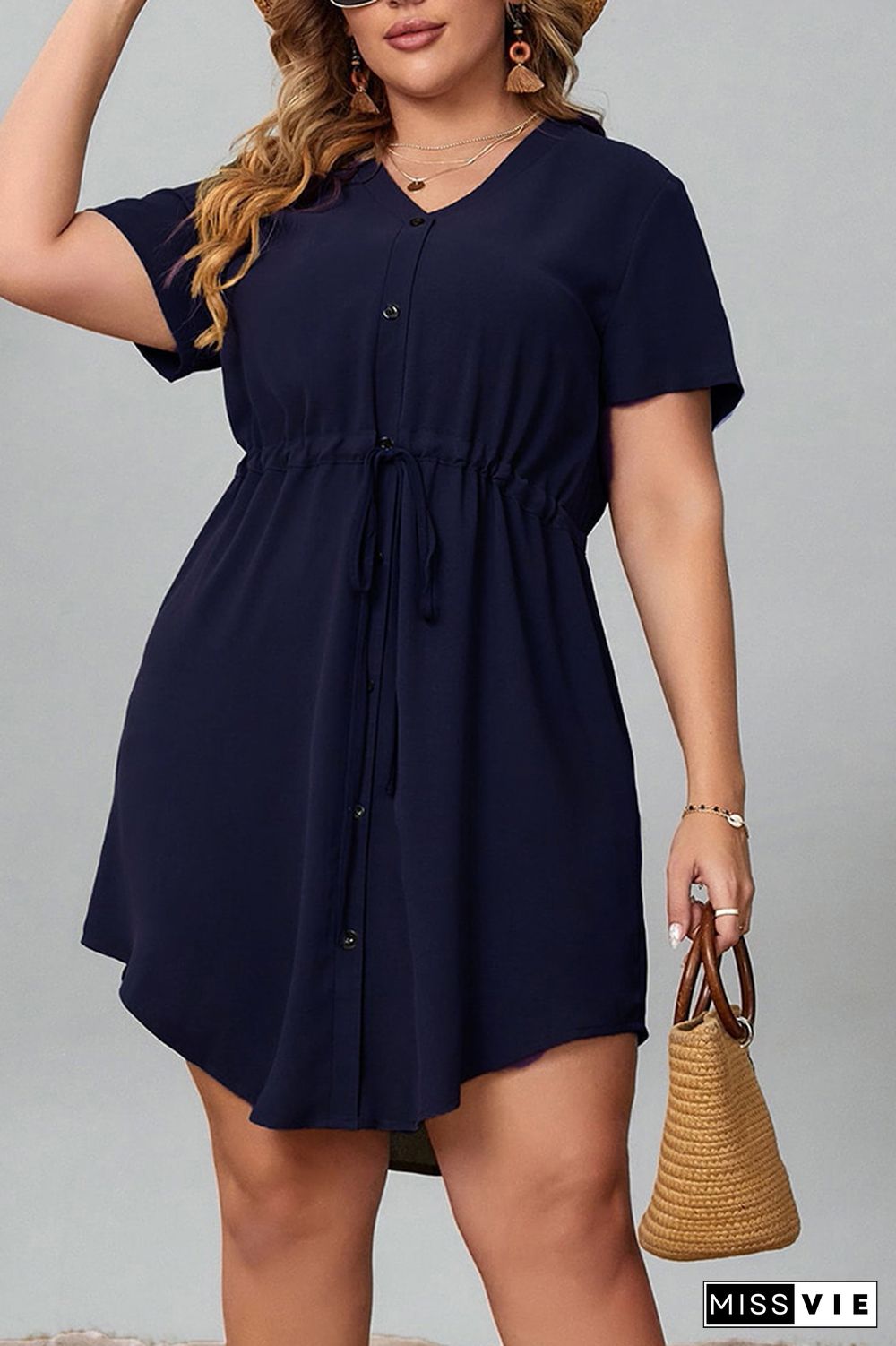 Plus Size Drawstring Elastic Waist Irregular Hem Dress Wholesale