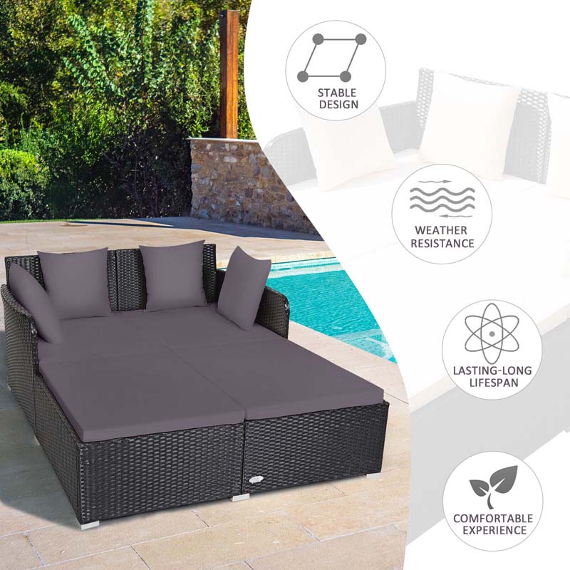 Rattan Wicker Outdoor Daybed Patio Furniture Cushioned Sofa Set with Thick Pillows