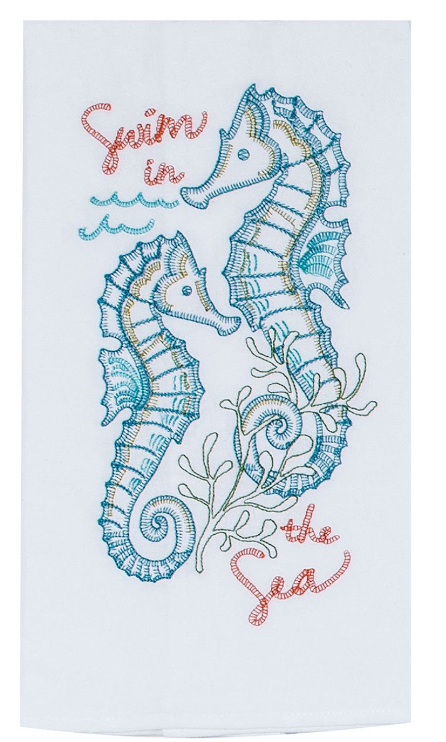 Swim in the Sea Seahorses Embroidered Flour Sack Kitchen Dish Towel