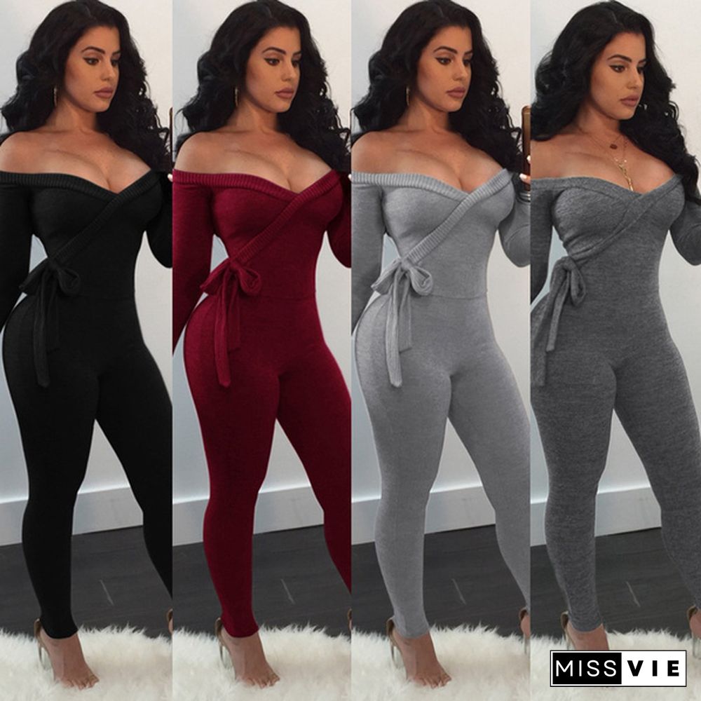 Jumpsuit Women Off Shoulder Bodycon Long Sleeve Clubwear Playsuit Jumpsuits Rompers Skinny Sexy Jumpsuits Female Black Trousers