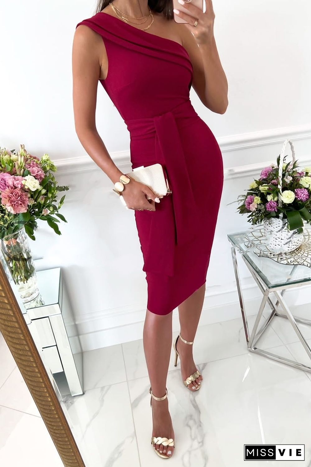 Fashion Solid Bandage One Shoulder Pencil Skirt Dresses(5 Colors)