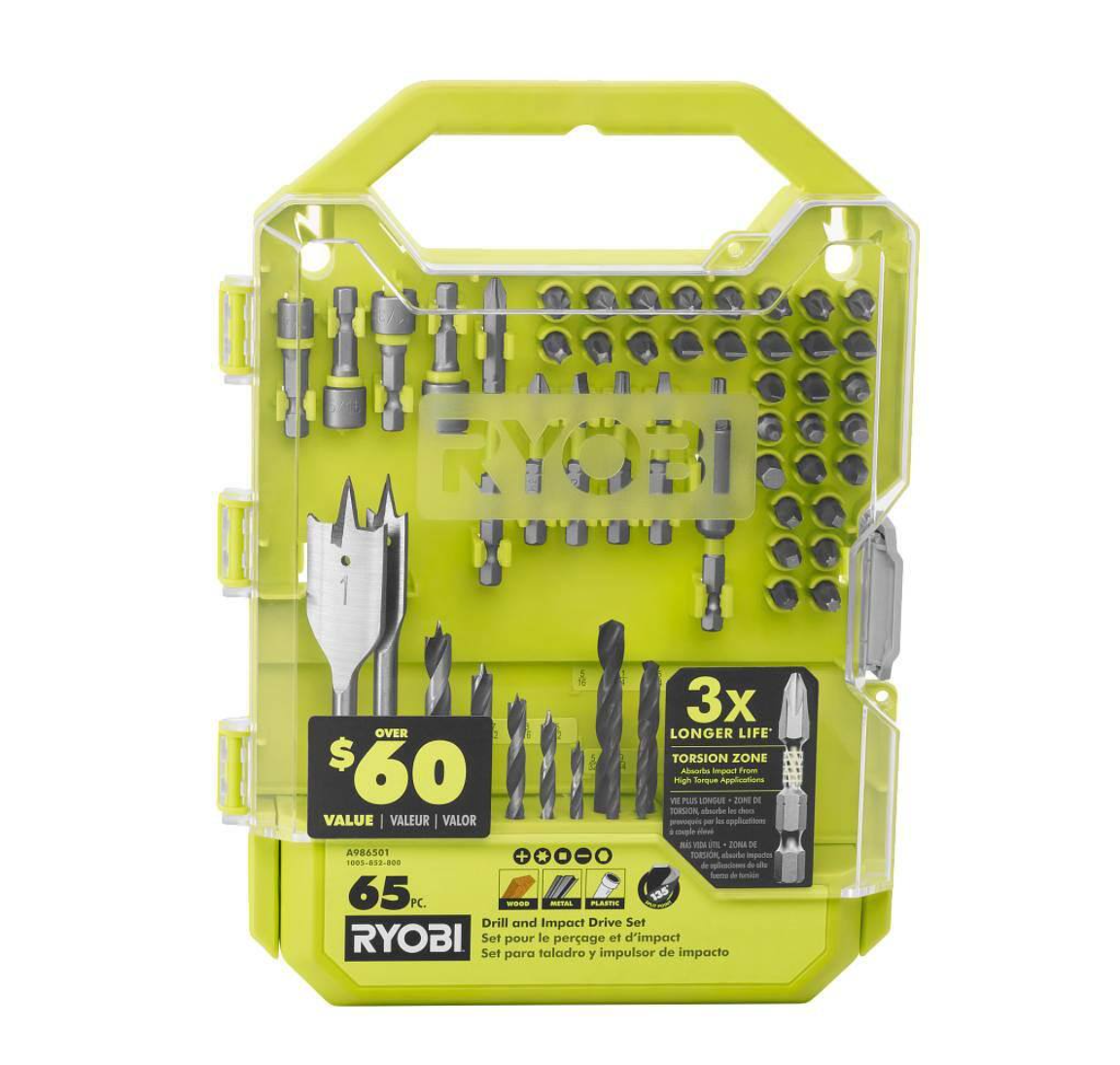 RYOBI PBLDD01K-A986501 ONE+ HP 18V Brushless Cordless 1/2 in. Drill/Driver Kit w/(2) Batteries， Charger， Bag， and Drill and Drive Kit (65-Piece)