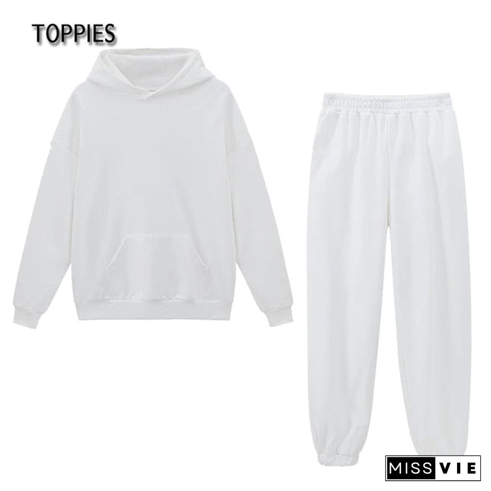 Toppies Women Hoodies And Sweatpants White Tracksuits Female Two Piece Set Solid Color Pullovers Jacket Lounge Wear Casual