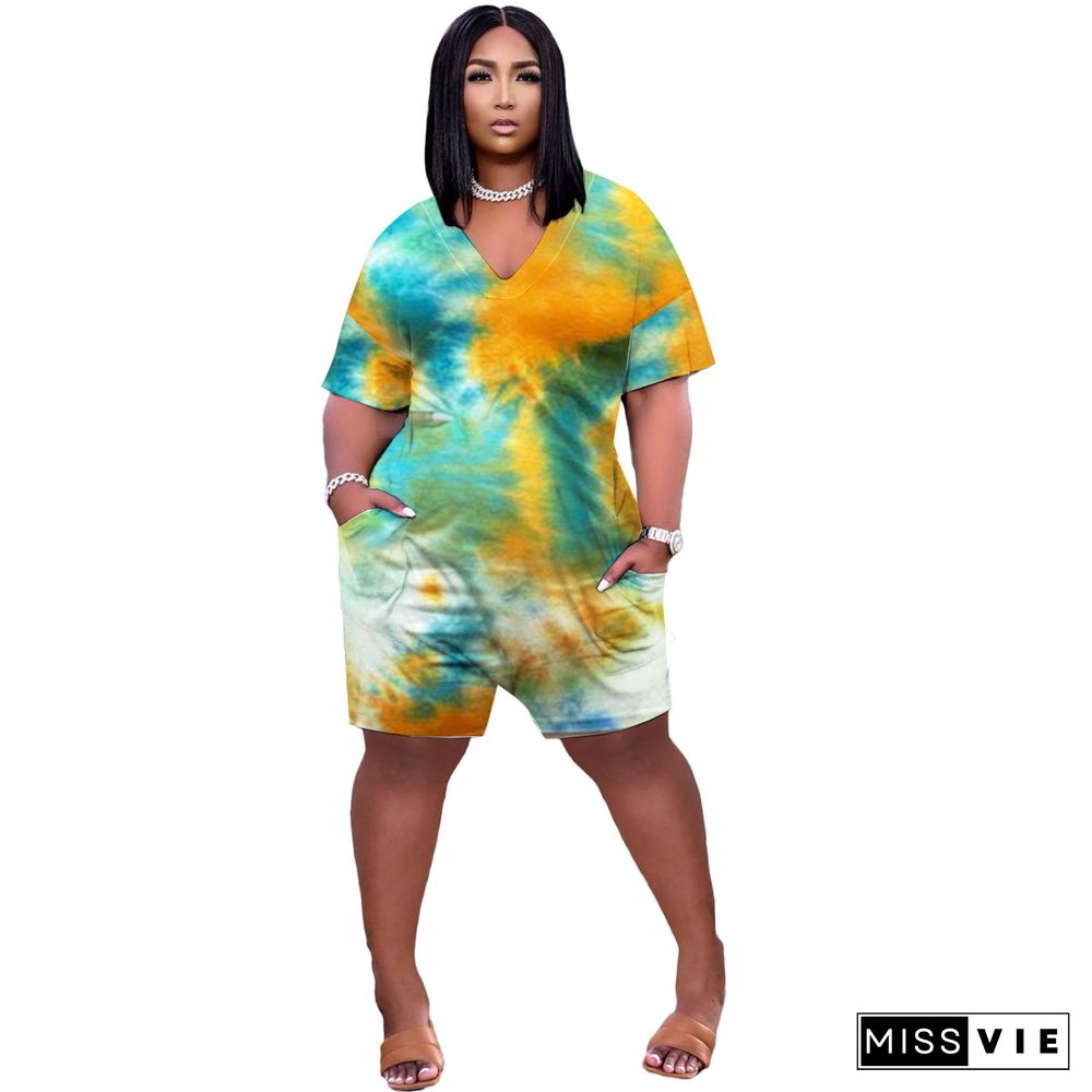 Tie Dye V Neck Short Sleeve Loose Plus Size Romper