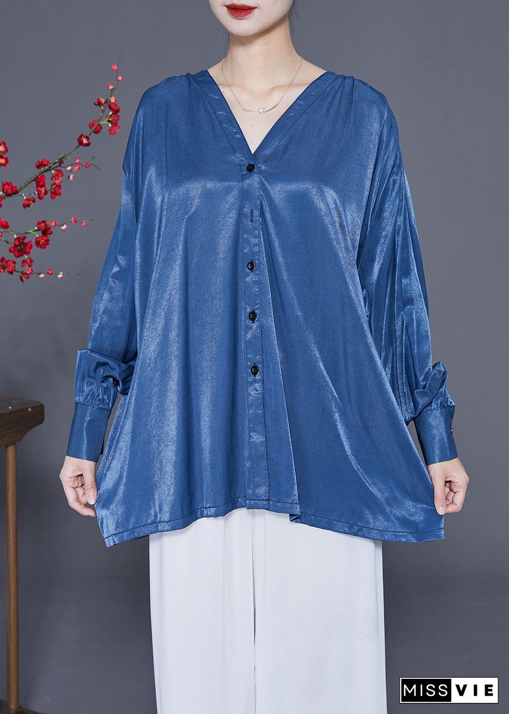 Original Design Blue V Neck Oversized Button Silk Shirt Top Spring