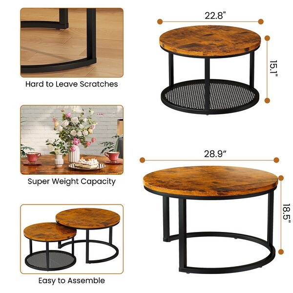 Stylish Round Coffee Table Set Nesting Coffee Tables with Metal Frame and 1 Metal Mesh Shelf (Set of 2)