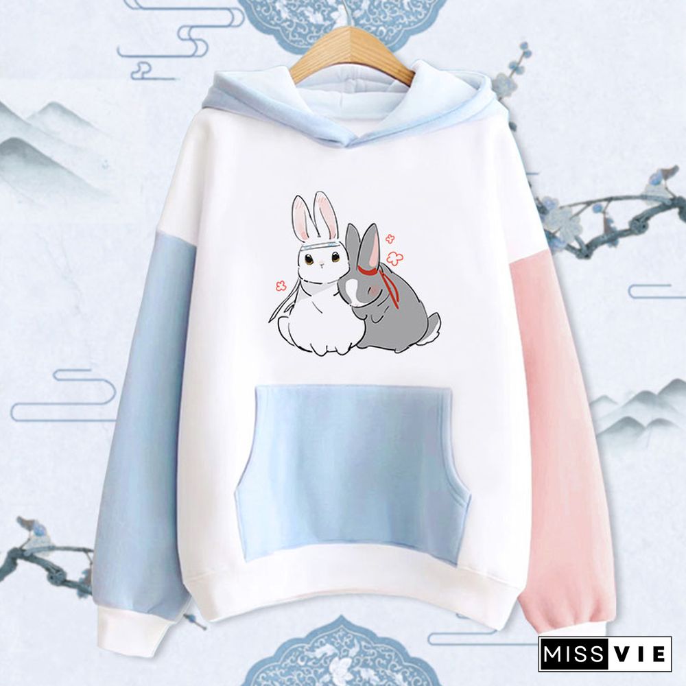 Cute Rabbit Print Pocket Hoodie