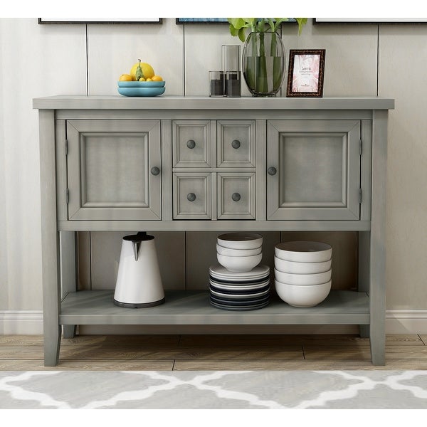 Wooden Console Table with 4 Storage Drawers and 2 Cabinets， Sofa Table with Bottom Shelf and Solid Wood Legs， Antique Gray