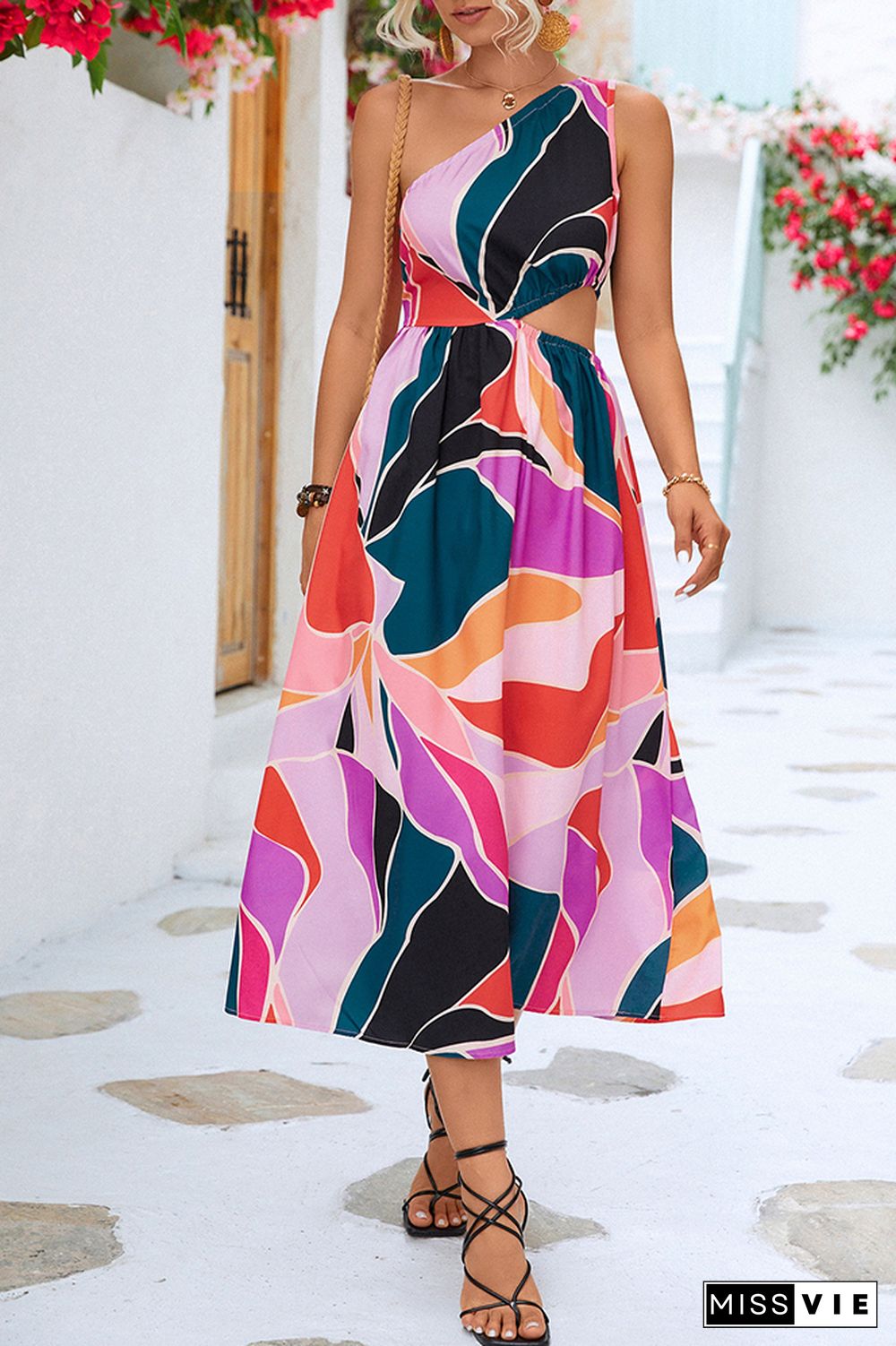 One Shoulder Cut Out Waist Floral Dress