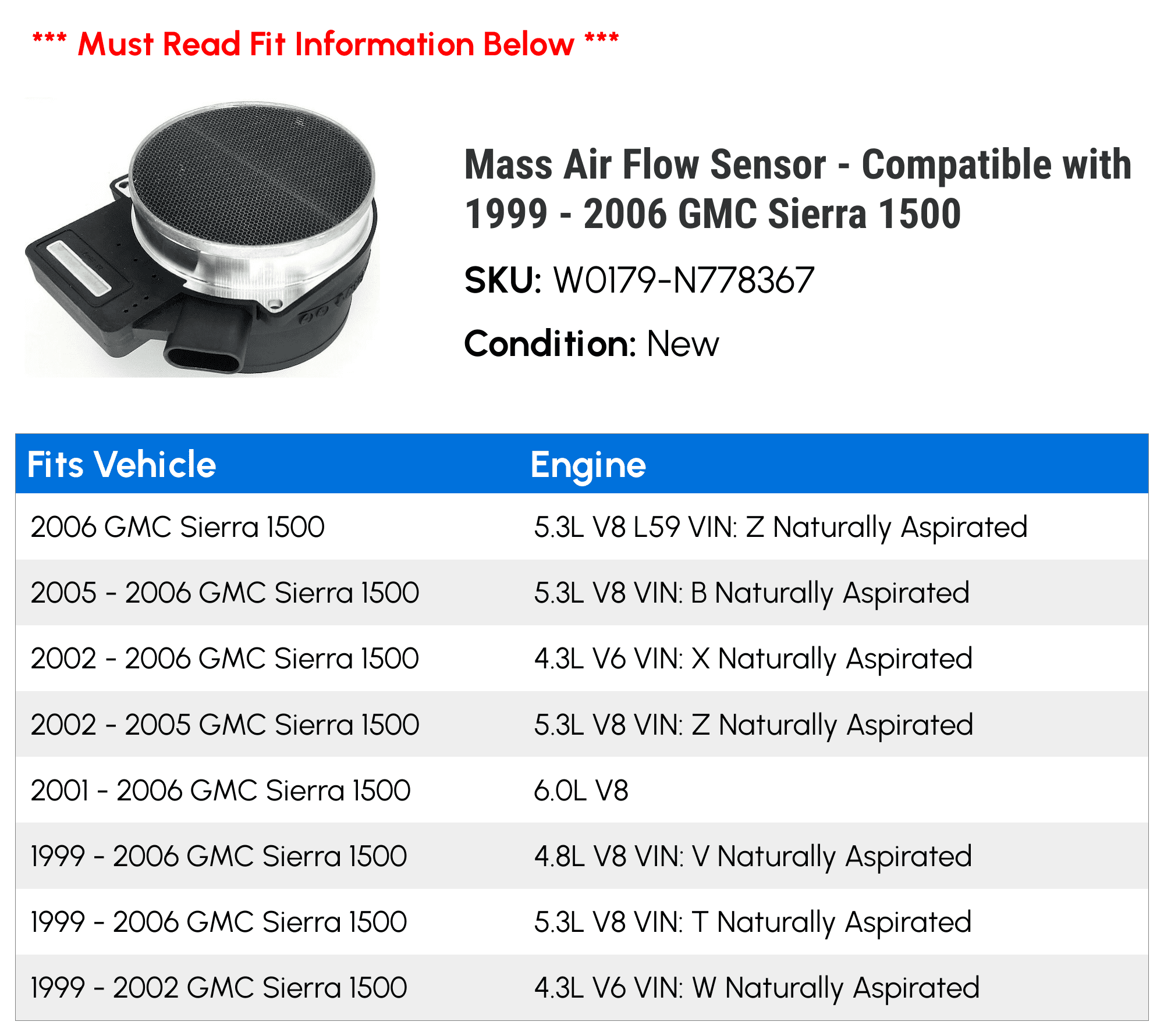 Mass Air Flow Sensor - Compatible with 1999 - 2006 GMC Sierra 1500 2000 2001 2002 2003 2004 2005