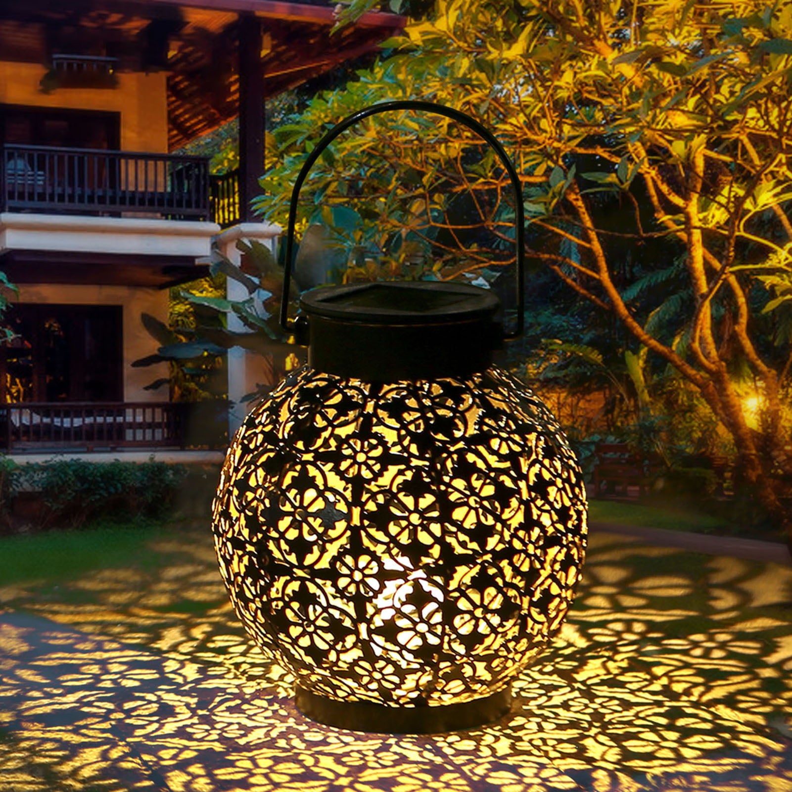 Tomshine Outdoor Solar Lantern Light Hollowed-out Design Decorative Metal Hanging LED Lights Sensitive Lighting Control Lamp IP44 Water Resistant for Patio Courtyard Balcony Garden 1pcs