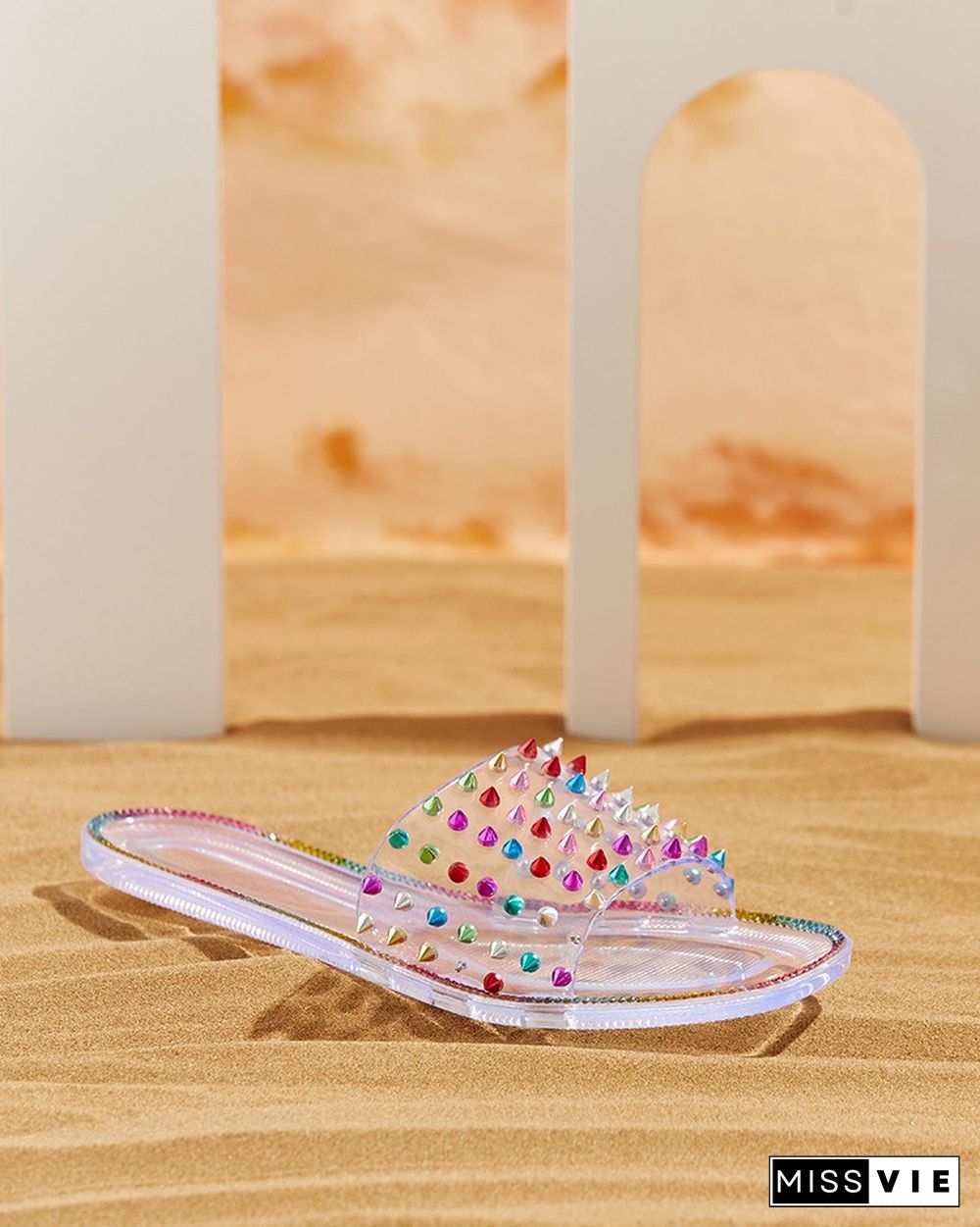 Colorful Rivet Clear Perspex Studded Slippers