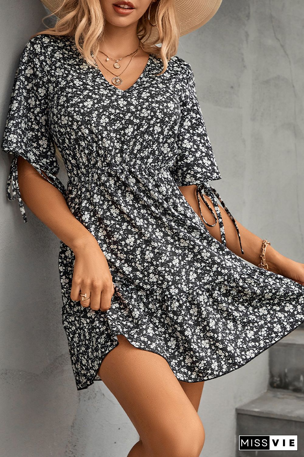 Floral Print V Neck Short Dress Wholesale