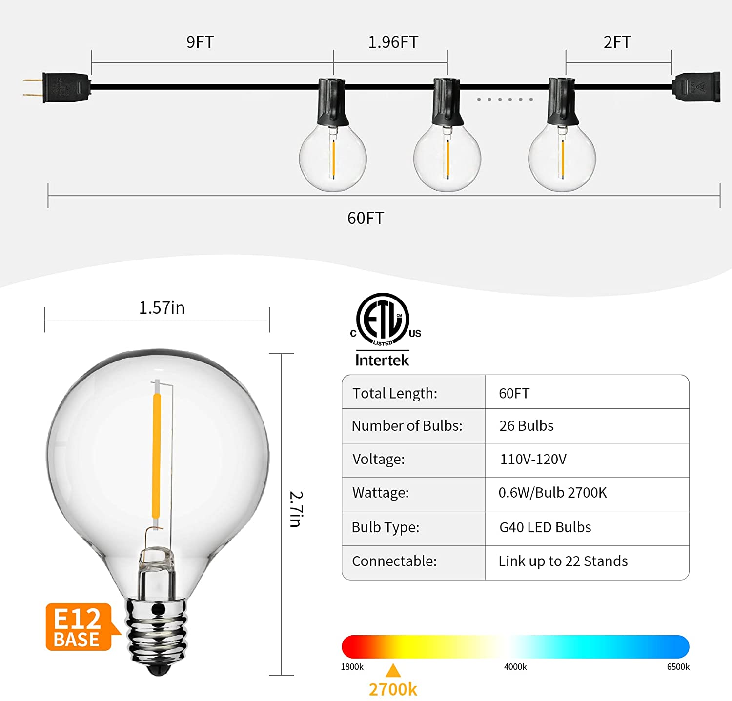 LED Outdoor String Lights Waterproof 60FT Shatterproof Patio String Lights Outside