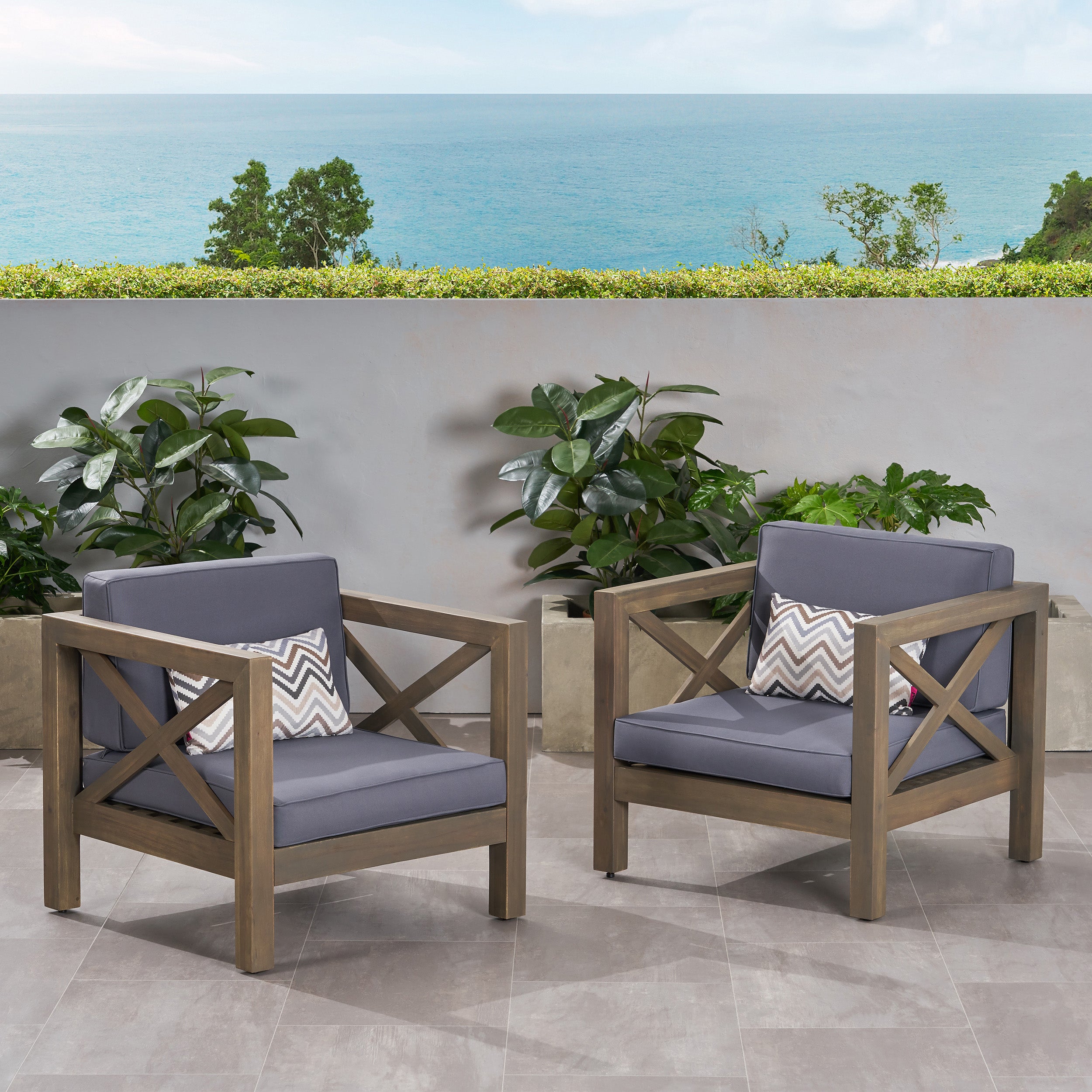 Indira Outdoor Acacia Wood Club Chairs with Cushions (Set of 2)