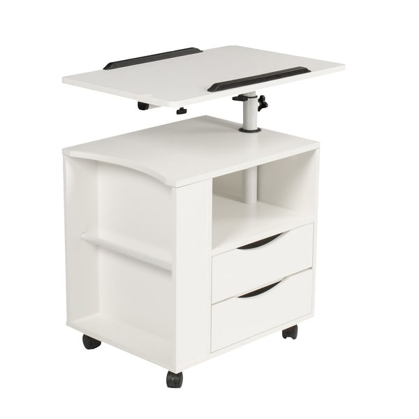 Movable End Table with Height Adjustable Swivel Top and 2 Drawers， Wood End Table with Open Shelf and Q-Type Clip