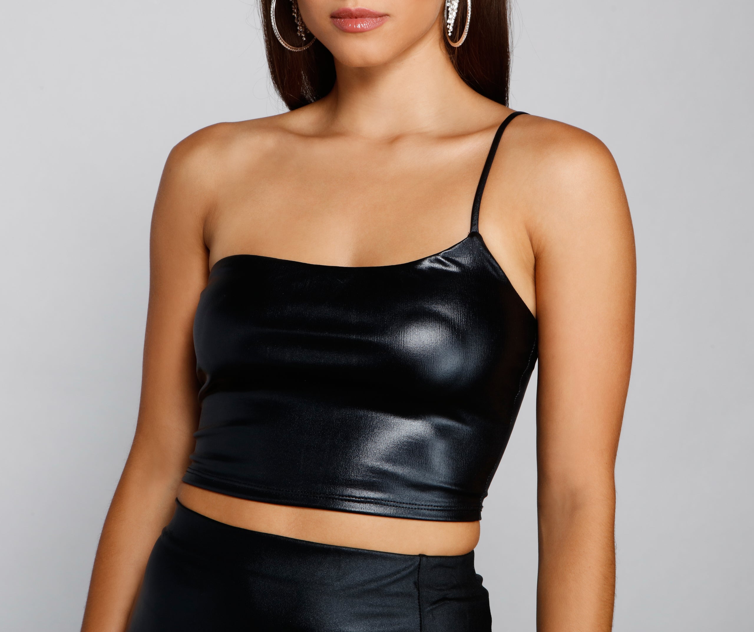 Dangerous Glam Faux Leather One Shoulder Crop Top