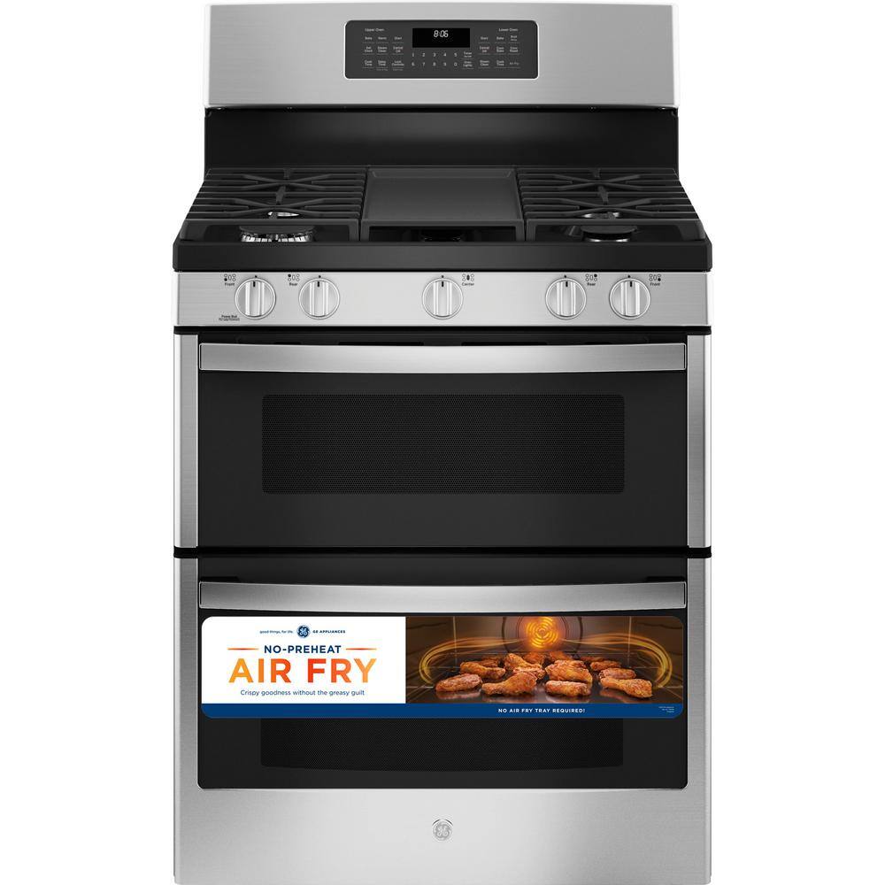 GE 30 in. 6.8 cu. ft. Freestanding Double Oven Gas Range in Stainless Steel with Convection and Air Fry JGBS86SPSS