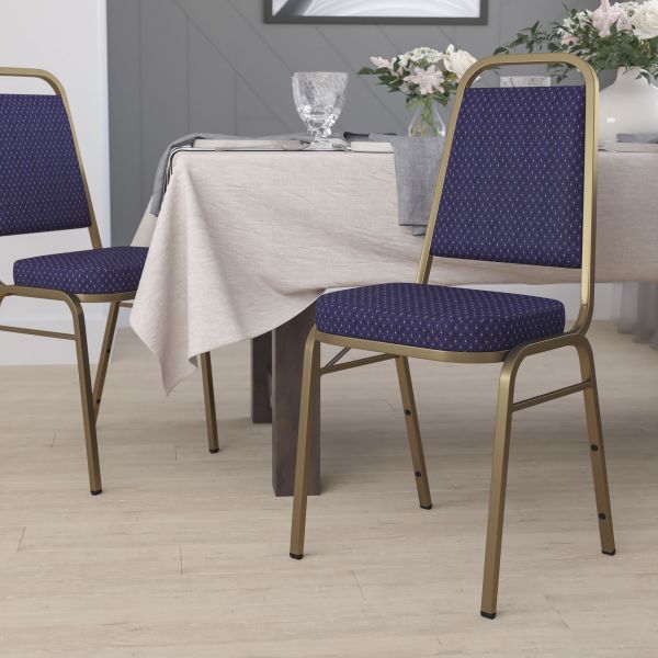 Flash Furniture HERCULES Series Trapezoidal Back Stacking Banquet Chair with Navy Patterned Fabric and 2.5'' Thick Seat - Gold Frame