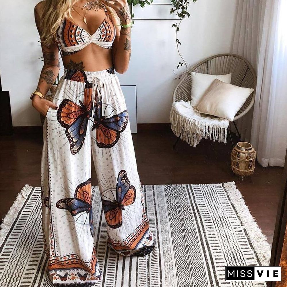 2 Pecs Suit Summer Tracksuit Sets Womens Outfits Boho Beach Style Print Underwear Loose Wide Leg Pants Ropa Mujer Подходить New