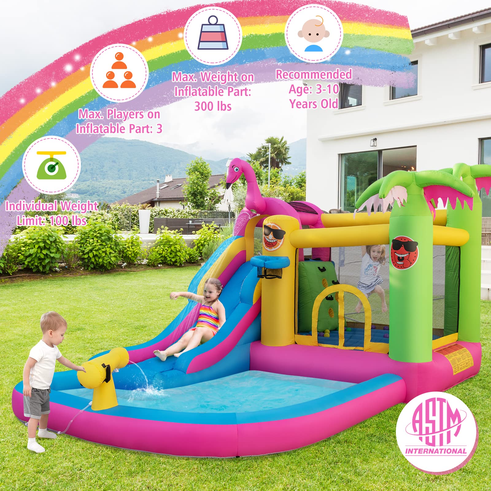 Inflatable Water Slide, Water Bounce House for Kids Backyard Family Fun with Long Slide, Large Jumping Area