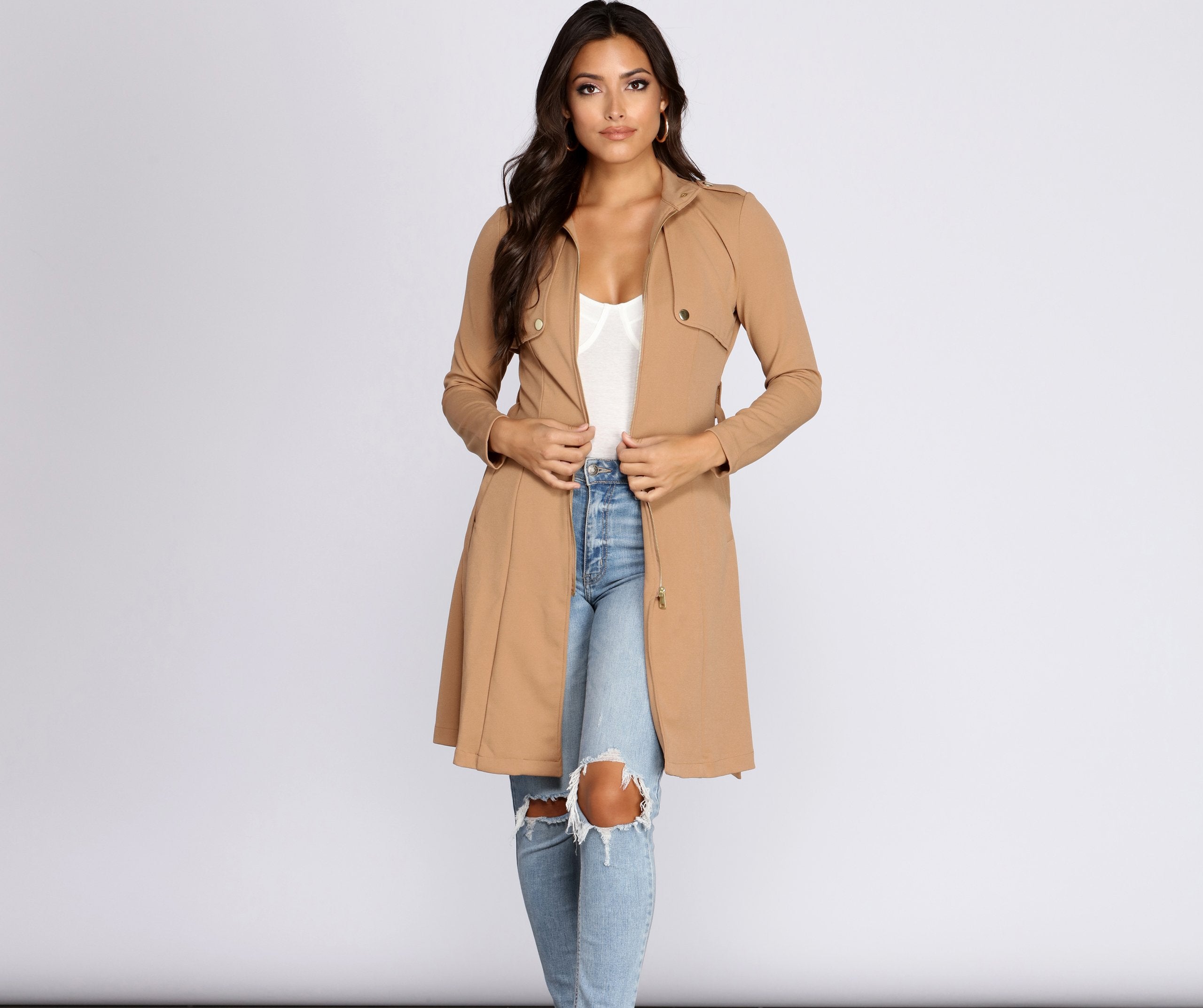 Feminine Flare Zip Up Trench Coat