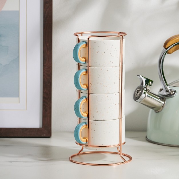 Pinky Up Arc Mugs Stacking Speckled Ceramic Coffee Cups With Cute Rainbow Handles And Rose Gold Metal Stand 10 Oz Set Of 4 Beige