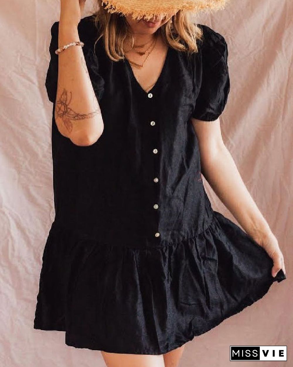 Plus Size Comfortable Loose Short Sleeve Solid Color Cotton Linen Dress