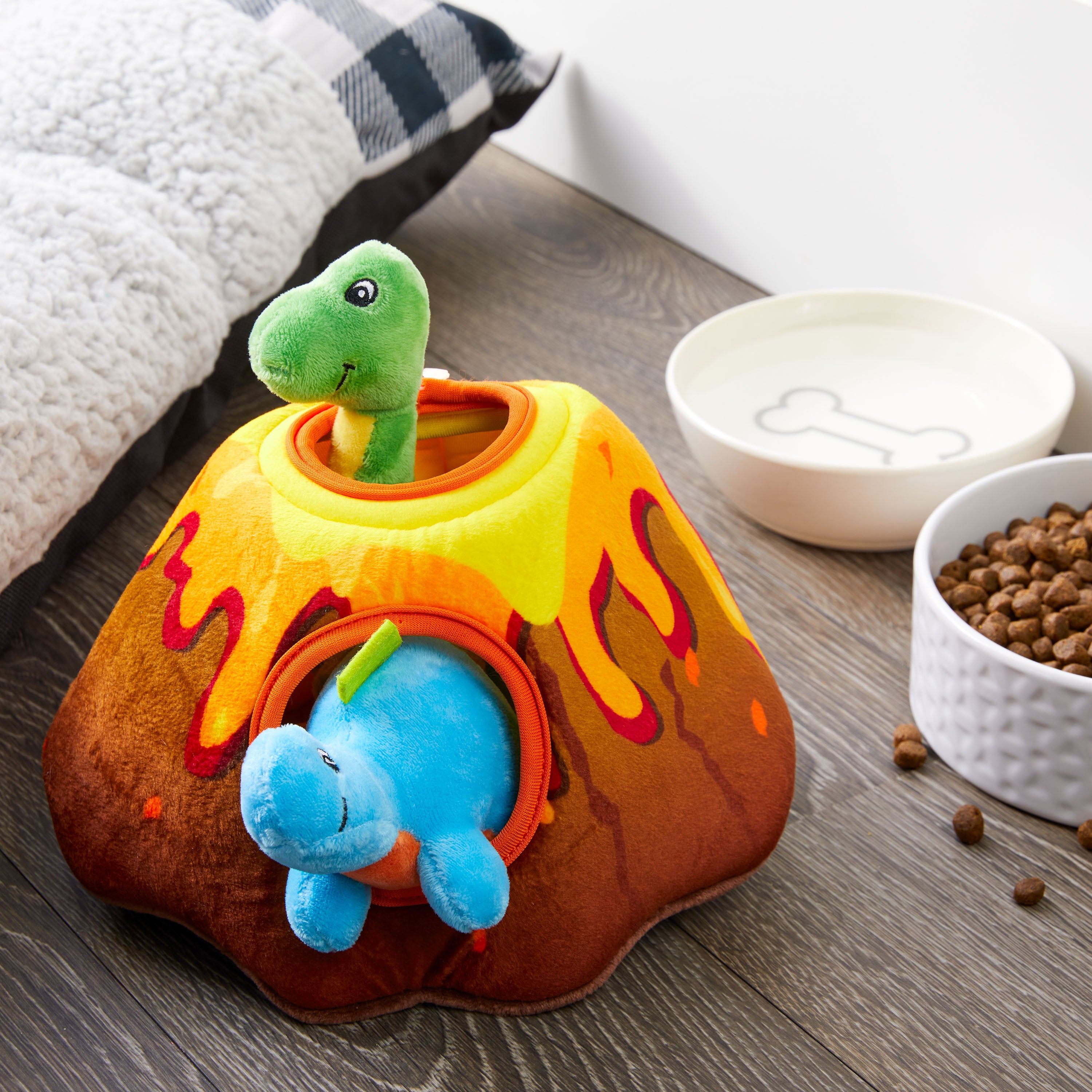 Vibrant Life Cozy Buddy Volcano Dino Hide Dog Toy， Small