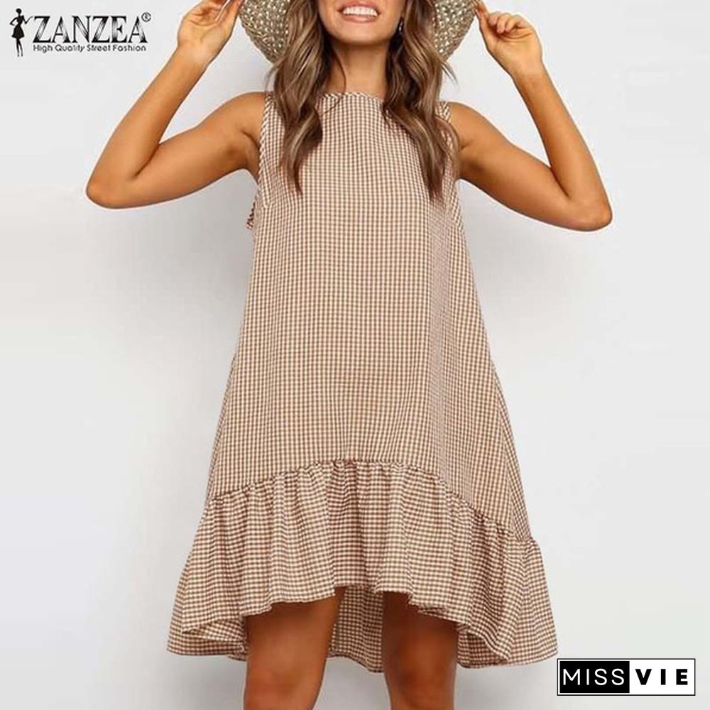 Women Fashion Mini Shirt Dress Crew Neck Ladies Holiday A-Line Grid Check Tiered Sundress